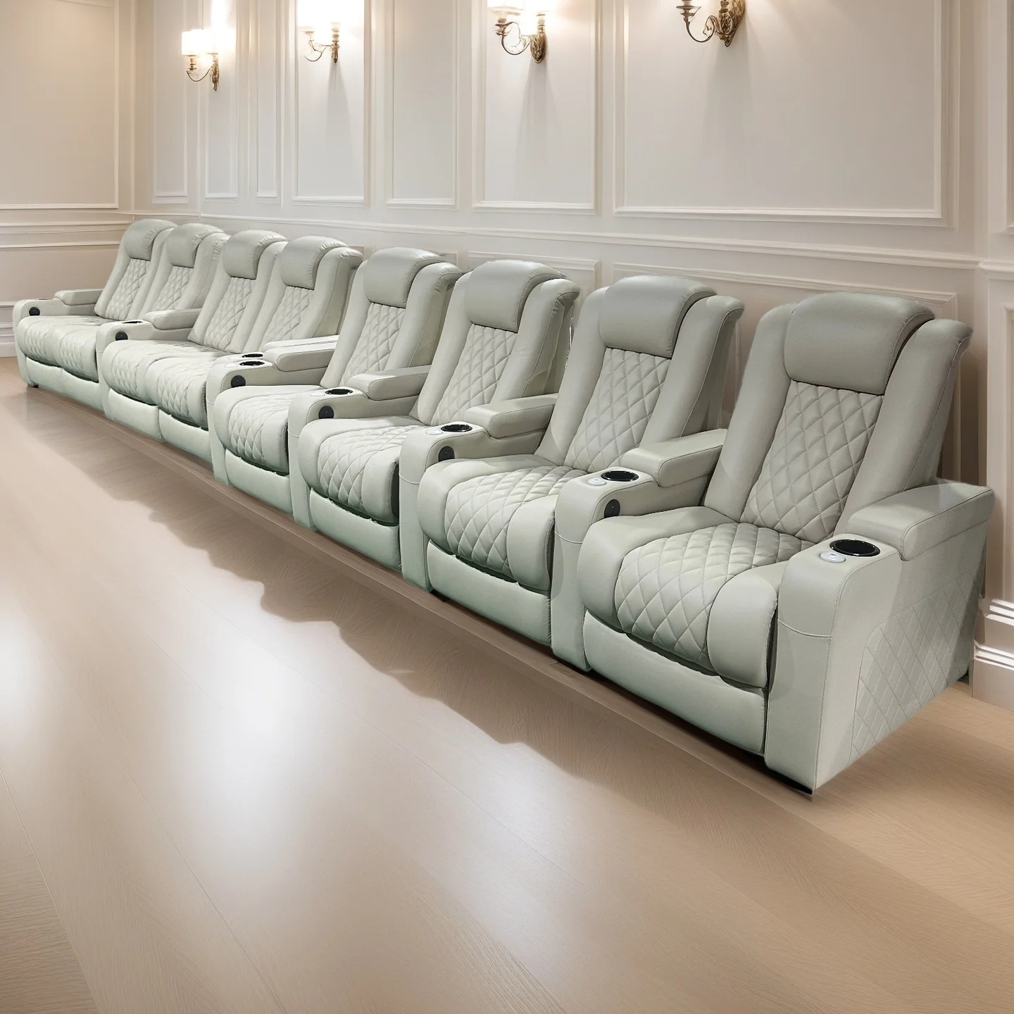 Home Cinema Recliners - Modern Home Theater Recliners Cream Leather
